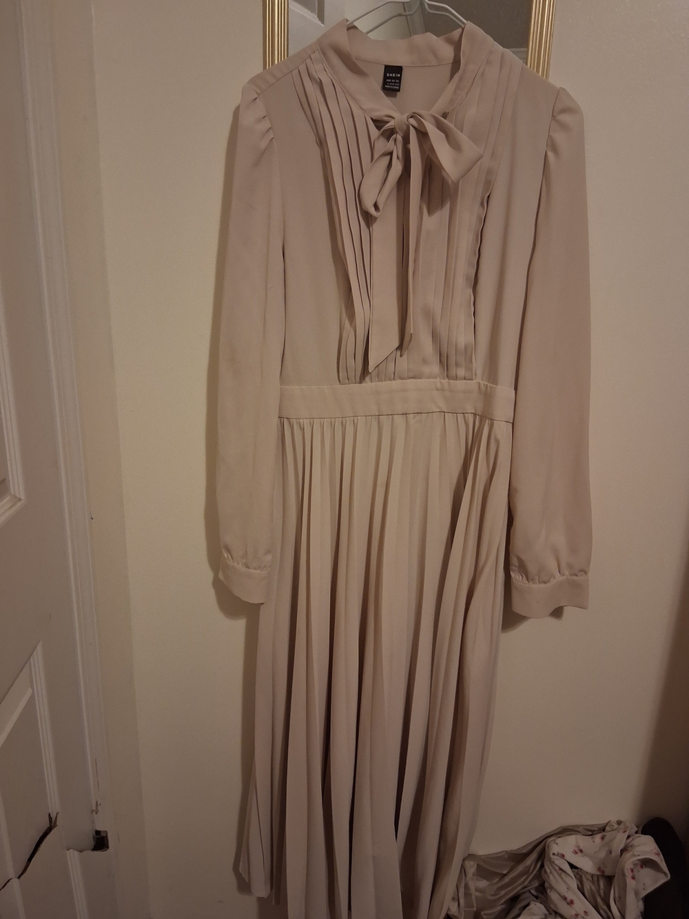 Beige Pleated Long-Sleeve Midi Dress with Neck Tie
